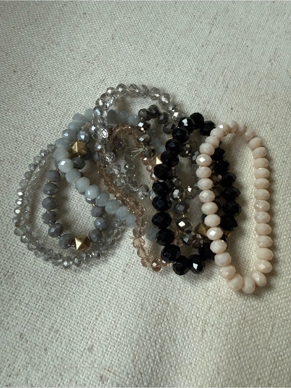 7 Neutral Faceted Stackable Bracelet Set - Cream, Black & Gray